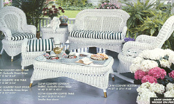 Country Porch Group, wicker rocker, love seat, end tables and glass top coffee table